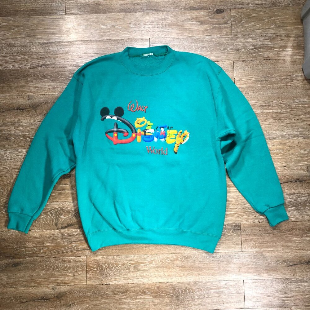 Vintage 90’s Large Walt Disney World Crewneck Teal Blue Green Sweatshirt Logo - Picture 2 of 5